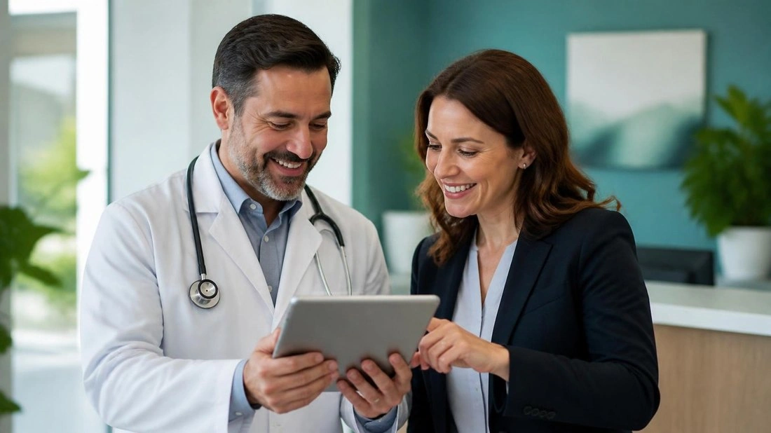 Physician and billing manager reviewing a revenue report on a tablet