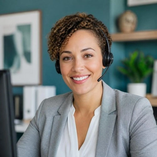 Smiling billing expert wearing a headset