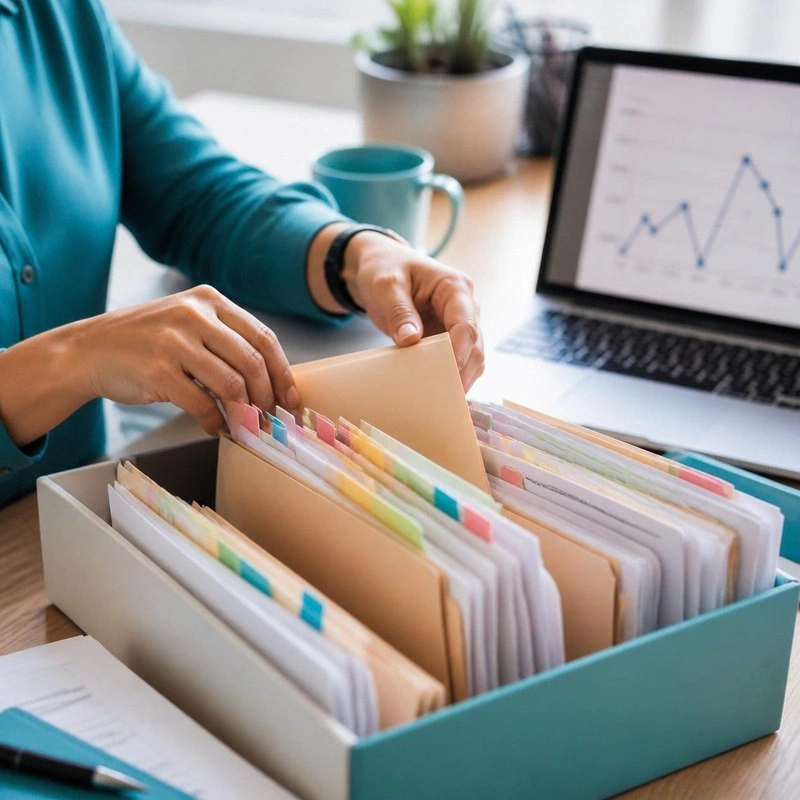 Hands sorting tabbed claim folders next to a laptop chart
