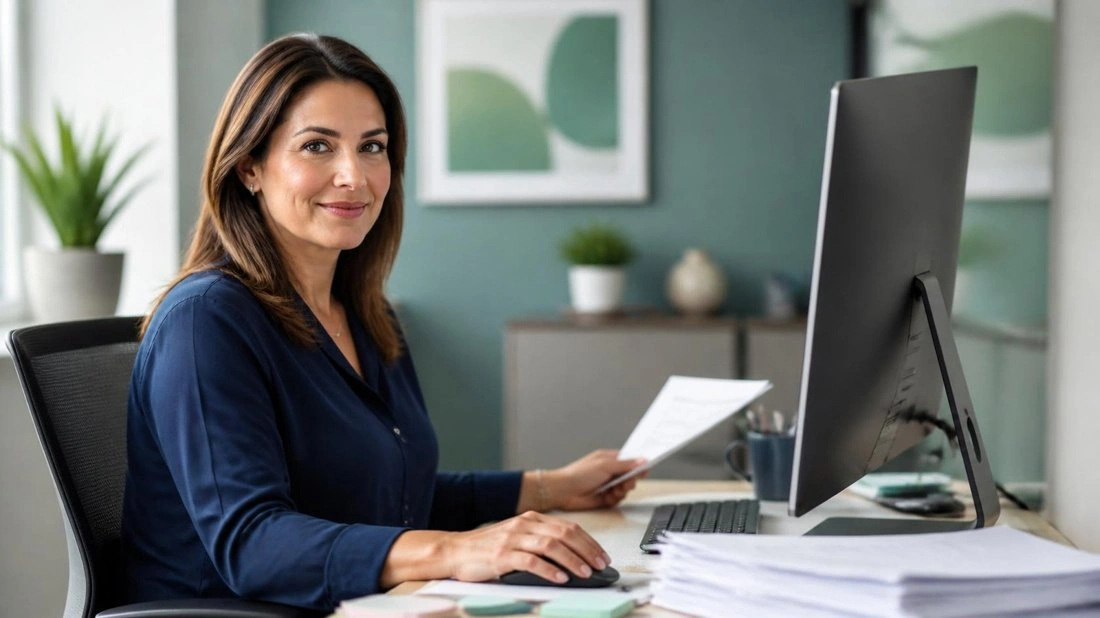 Billing specialist reviewing a claim at her desk