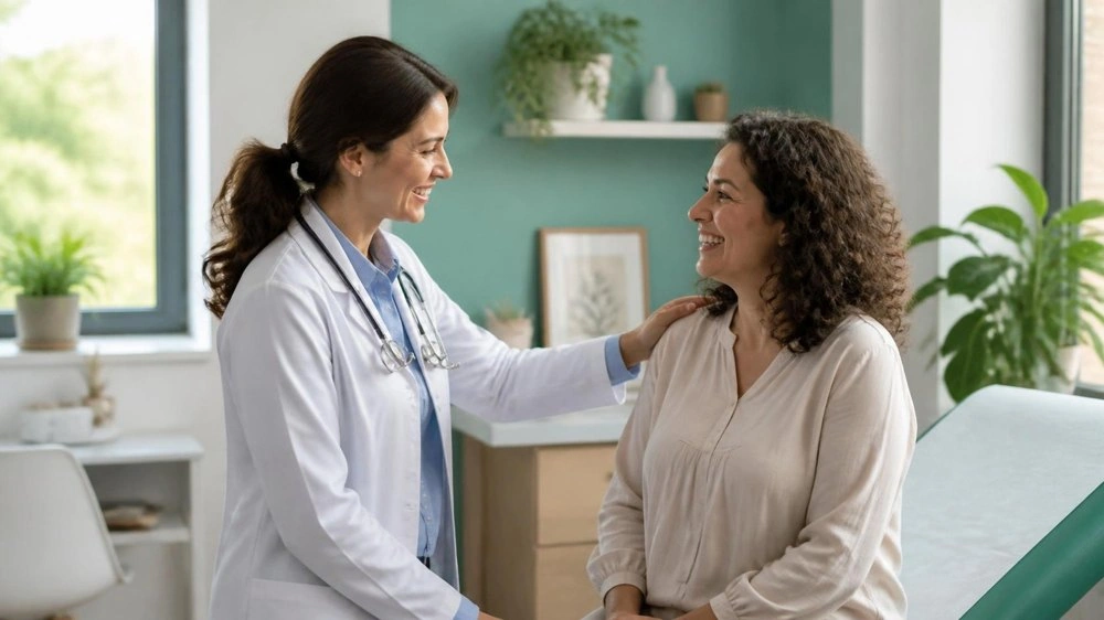 Doctor greeting a smiling patient in a bright exam room