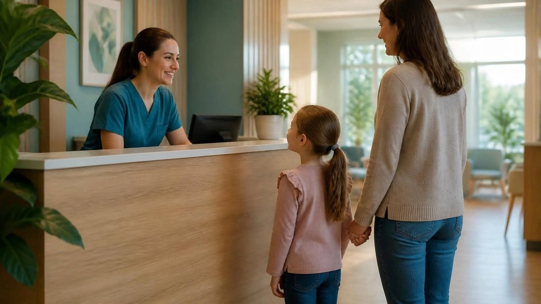 Receptionist greeting a mother and daughter at a clinic front desk