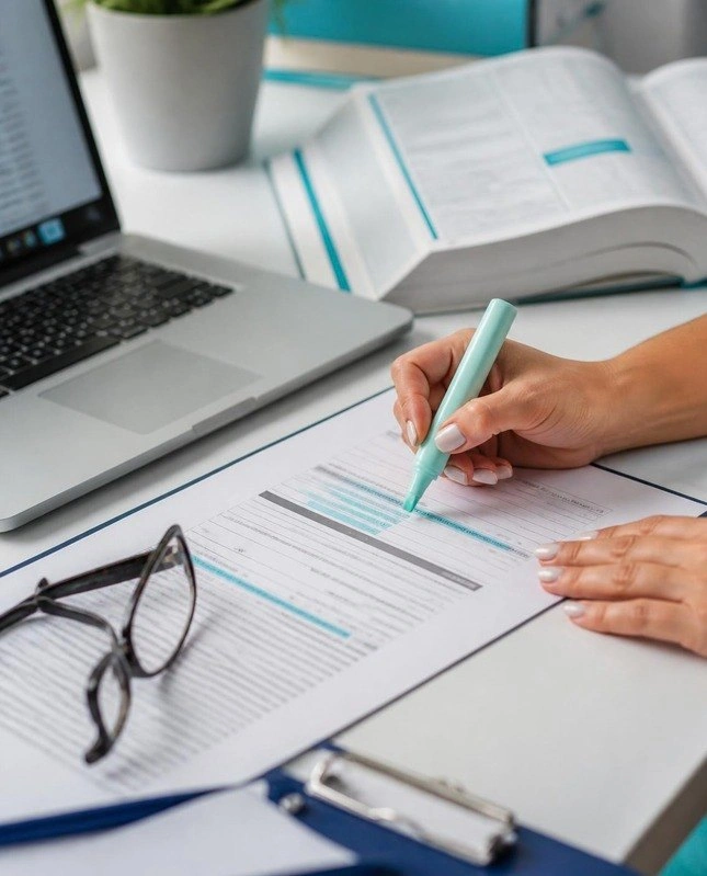 Coder highlighting a medical record next to a coding reference book