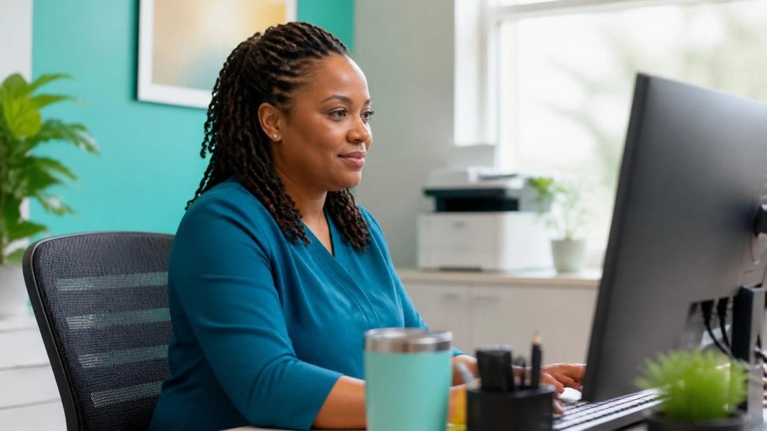 Medical coder reviewing a patient chart on her monitor