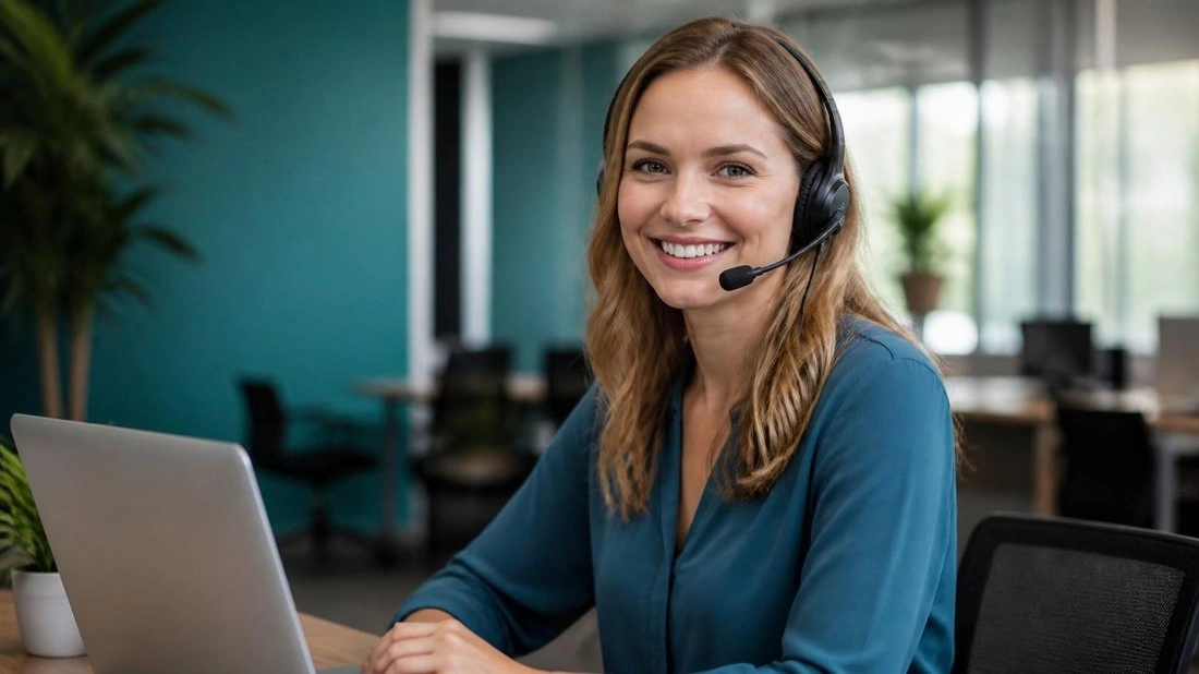 Medical coder smiling on a headset support call