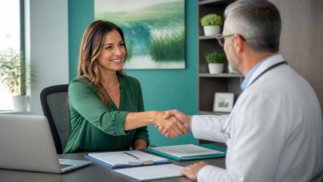 Credentialing specialist shaking hands with a physician over enrollment paperwork