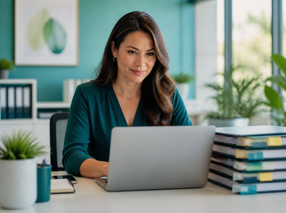 Credentialing specialist on a laptop beside stacked provider application folders