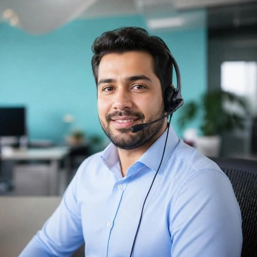 Smiling revenue cycle specialist wearing a headset