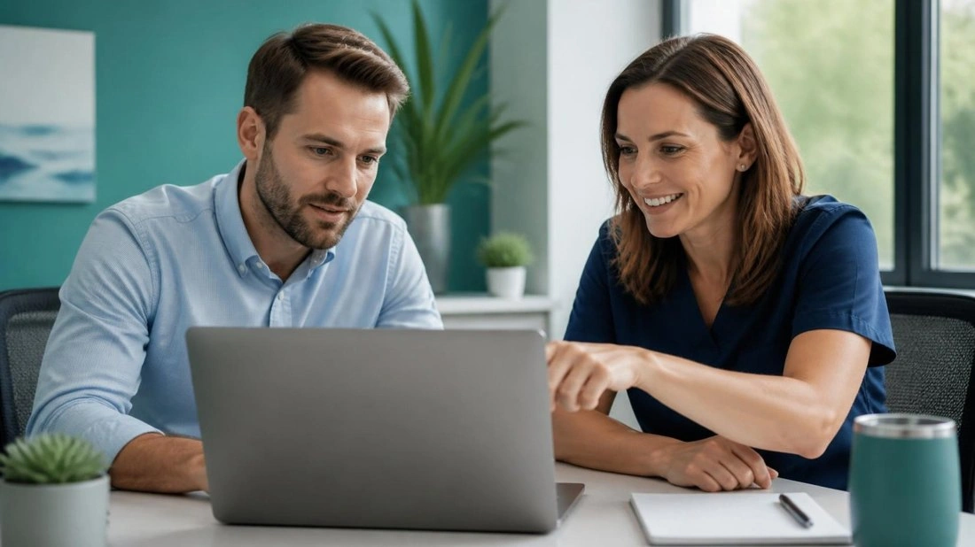 Web developer and practice manager reviewing a clinic website on a laptop