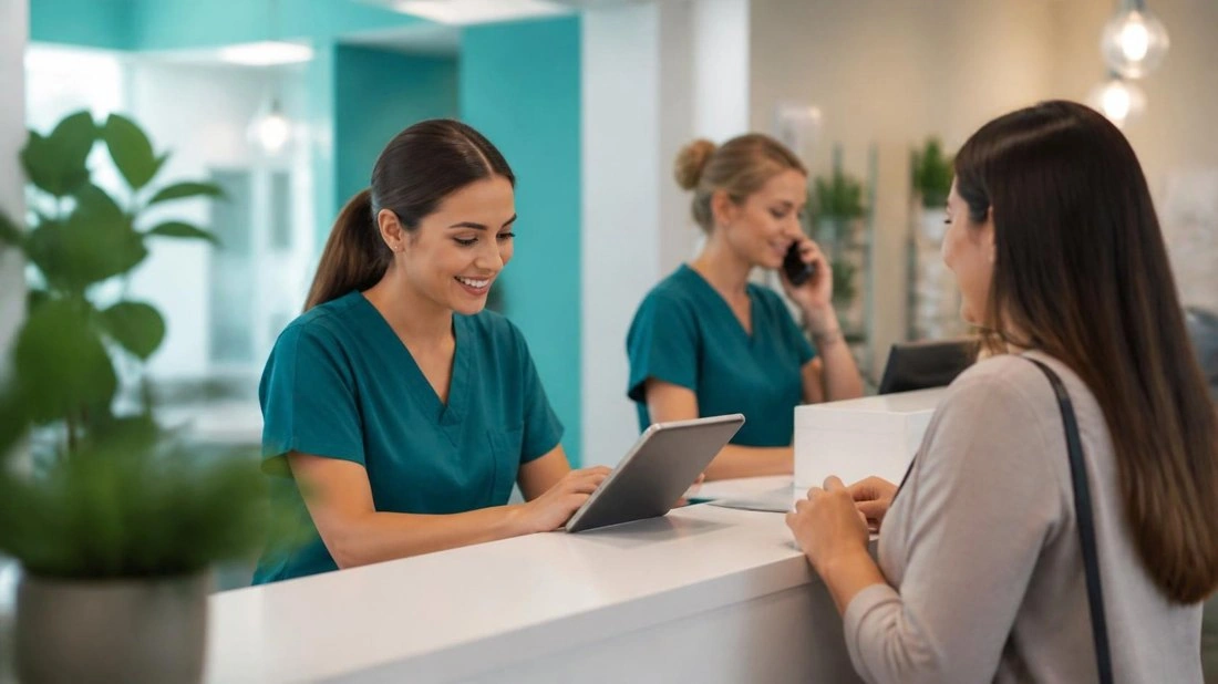 Front desk staff checking in a patient on a tablet
