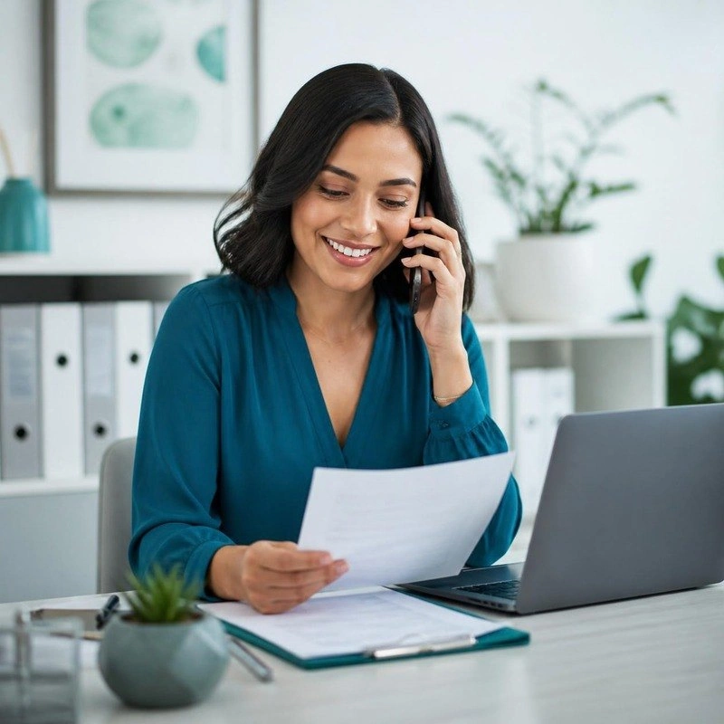 Prior authorization specialist on a call reviewing approval paperwork