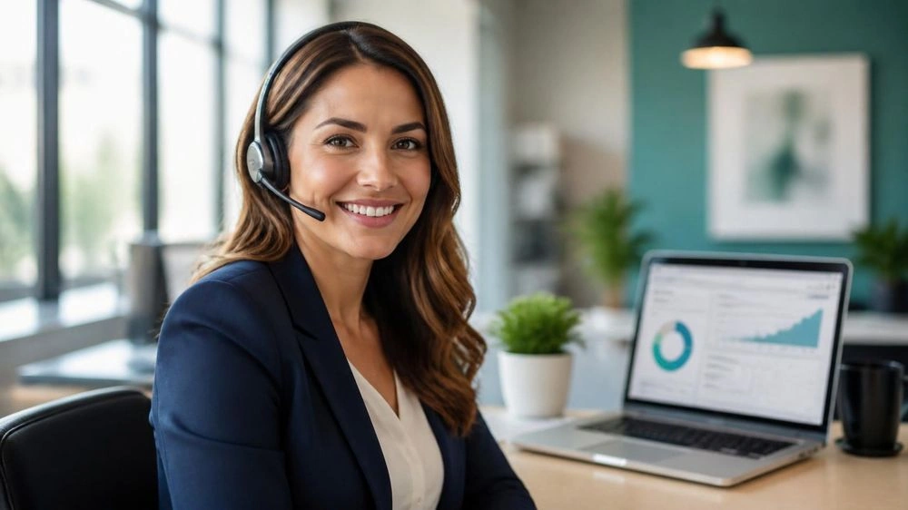Smiling support specialist wearing a headset at her laptop