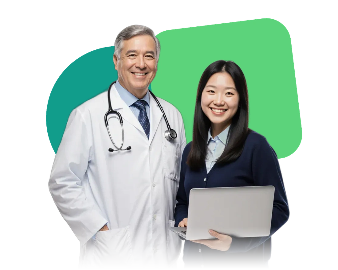 Physician and medical coder standing together
