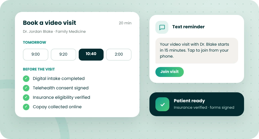 Online video visit booking with intake, consent and text reminder