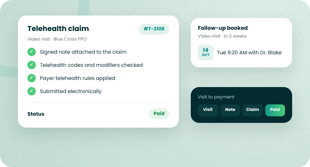Telehealth claim checked, paid and follow-up booked