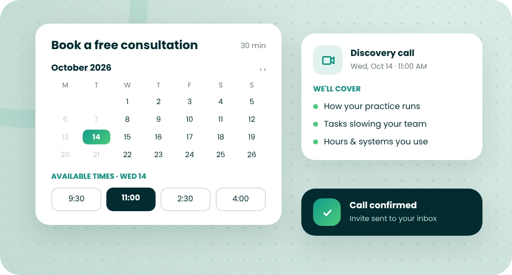 Consultation booking calendar with a confirmed discovery call