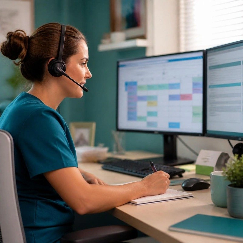 Virtual assistant working at two monitors with a schedule and forms