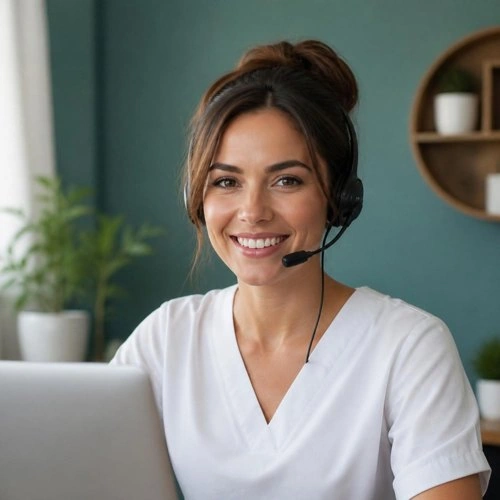 Smiling virtual medical assistant wearing a headset