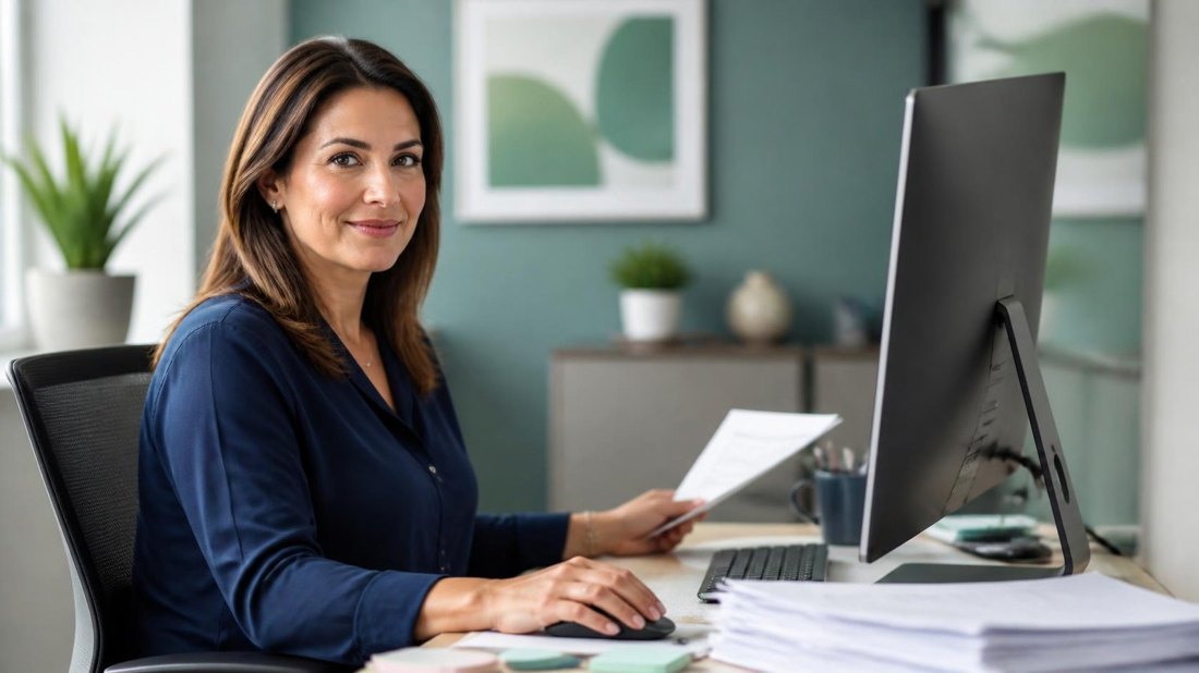 Billing specialist reviewing a claim at her desk