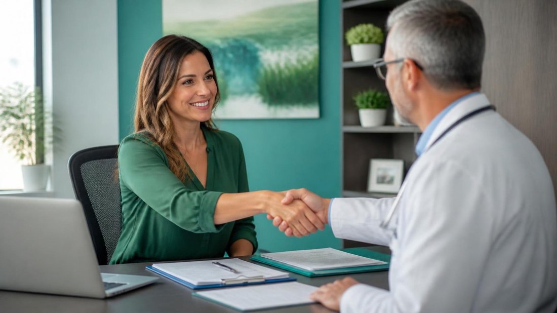 Credentialing specialist shaking hands with a physician