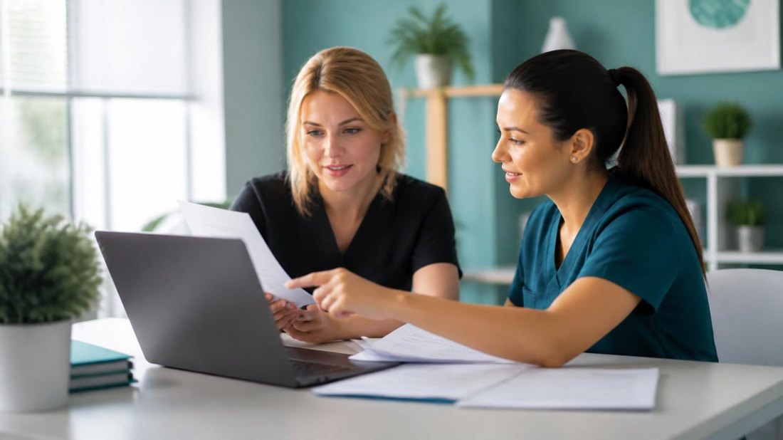 Two billing team members working together at a laptop
